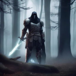 A haunted paladin standing in a dark, eerie forest