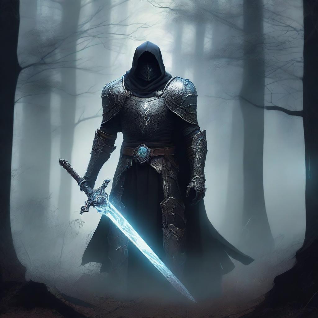 A haunted paladin standing in a dark, eerie forest