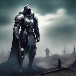 A paladin haunted by his past, standing in a desolate battlefield