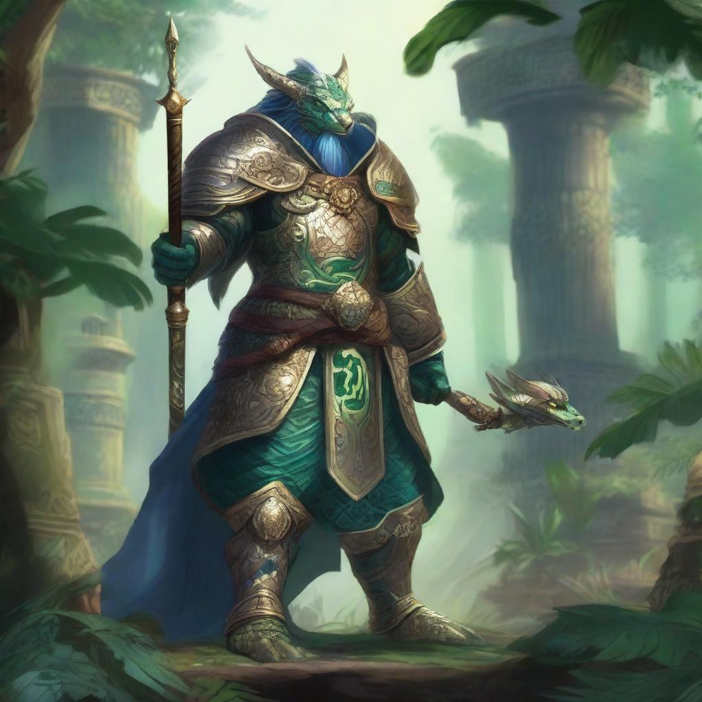 A Yuan-ti paladin standing in a mystical jungle