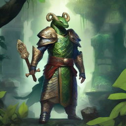 A Yuan-ti paladin standing in a mystical jungle