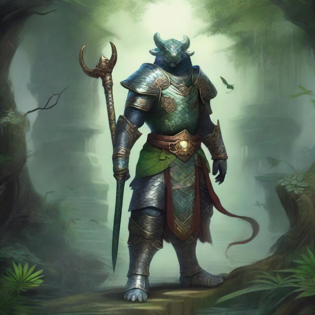 A Yuan-ti paladin standing in a mystical jungle