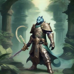 A Yuan-ti paladin standing in a mystical jungle