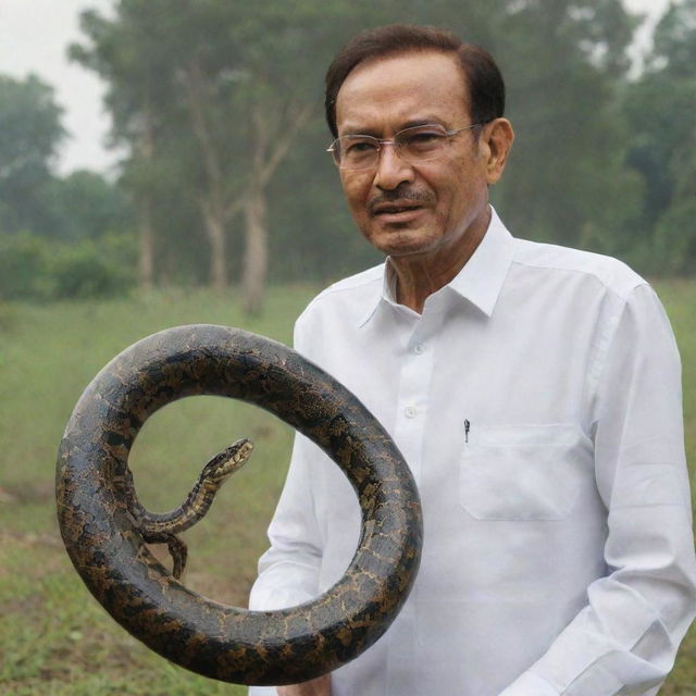 An Indian man standing bravely by Anwar Ibrahim with a majestic snake gently coiling around his shoulders.