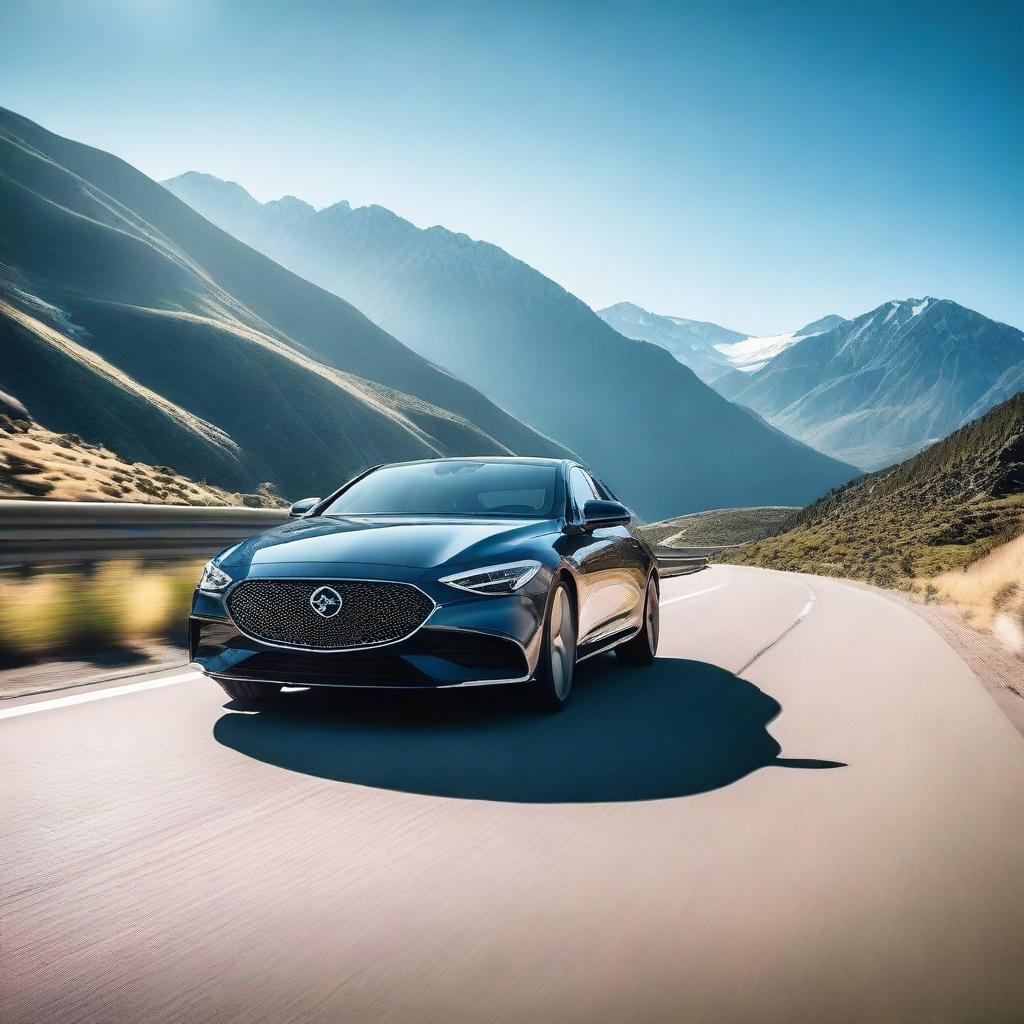 A sleek, modern car driving down a scenic highway with mountains in the background