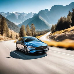 A sleek, modern car driving down a scenic highway with mountains in the background