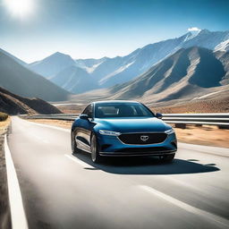 A sleek, modern car driving down a scenic highway with mountains in the background