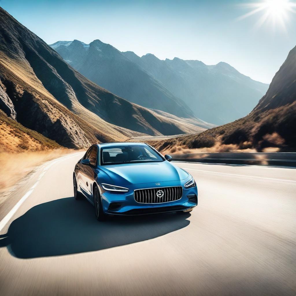 A sleek, modern car driving down a scenic highway with mountains in the background