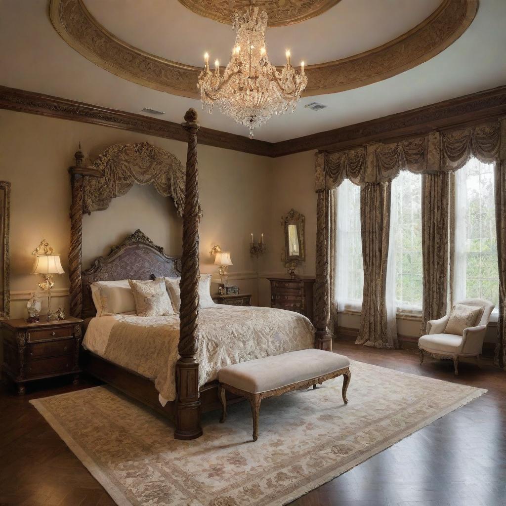 A luxurious master bedroom with a high ceiling adorned with an ornate chandelier, featuring a grand four-poster bed taking center stage.