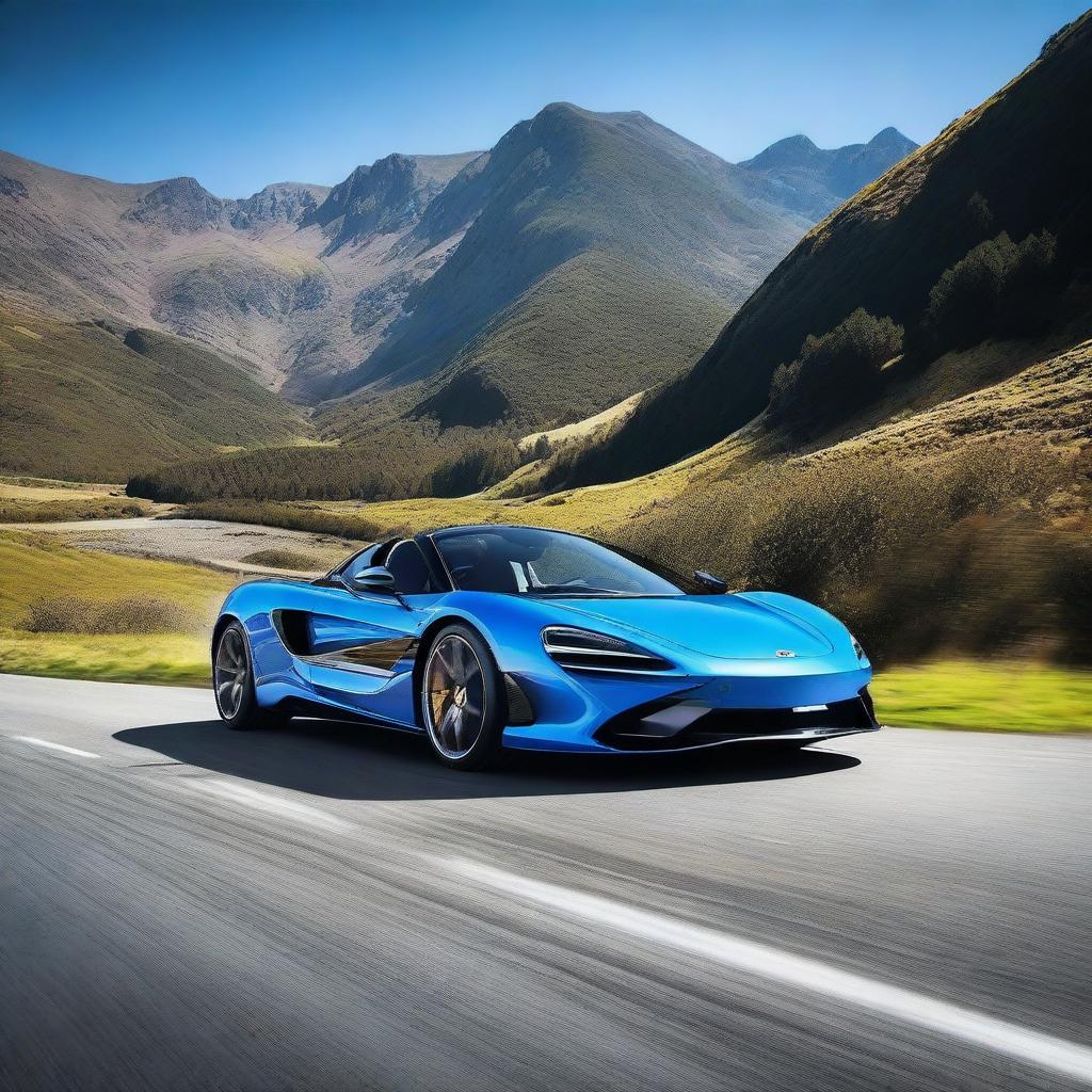 A high-resolution image of a sleek and modern McLaren sports car, showcasing its aerodynamic design and vibrant color under a clear blue sky