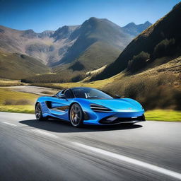 A high-resolution image of a sleek and modern McLaren sports car, showcasing its aerodynamic design and vibrant color under a clear blue sky