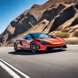 A high-resolution image of a sleek and modern McLaren sports car, showcasing its aerodynamic design and vibrant color under a clear blue sky