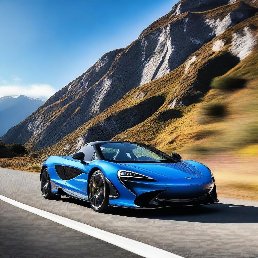 A high-resolution image of a sleek and modern McLaren sports car, showcasing its aerodynamic design and vibrant color under a clear blue sky