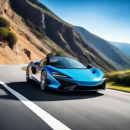 A high-resolution image of a sleek and modern McLaren sports car, showcasing its aerodynamic design and vibrant color under a clear blue sky