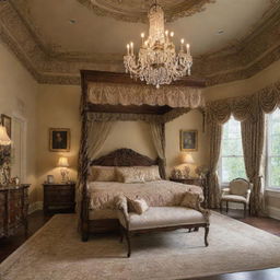 A luxurious master bedroom with a high ceiling adorned with an ornate chandelier, featuring a grand four-poster bed taking center stage.