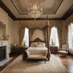 A luxurious master bedroom with a high ceiling adorned with an ornate chandelier, featuring a grand four-poster bed taking center stage.