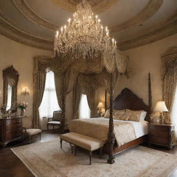 A luxurious master bedroom with a high ceiling adorned with an ornate chandelier, featuring a grand four-poster bed taking center stage.