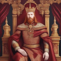 An illustration of a king with red shoulder-length hair, wearing a regal crown and royal robes