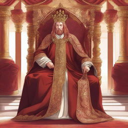 An illustration of a king with red shoulder-length hair, wearing a regal crown and royal robes