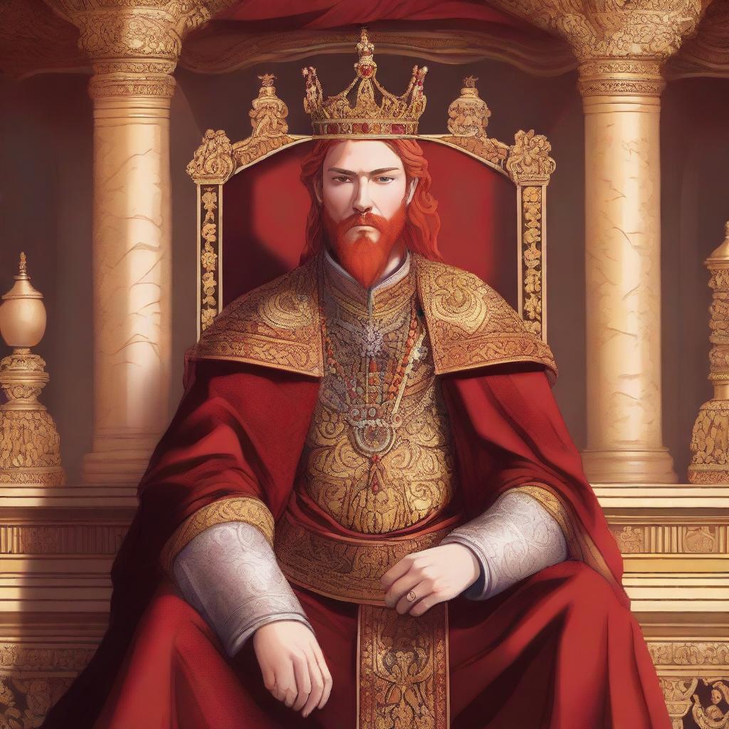 An illustration of a king with red shoulder-length hair, wearing a regal crown and royal robes