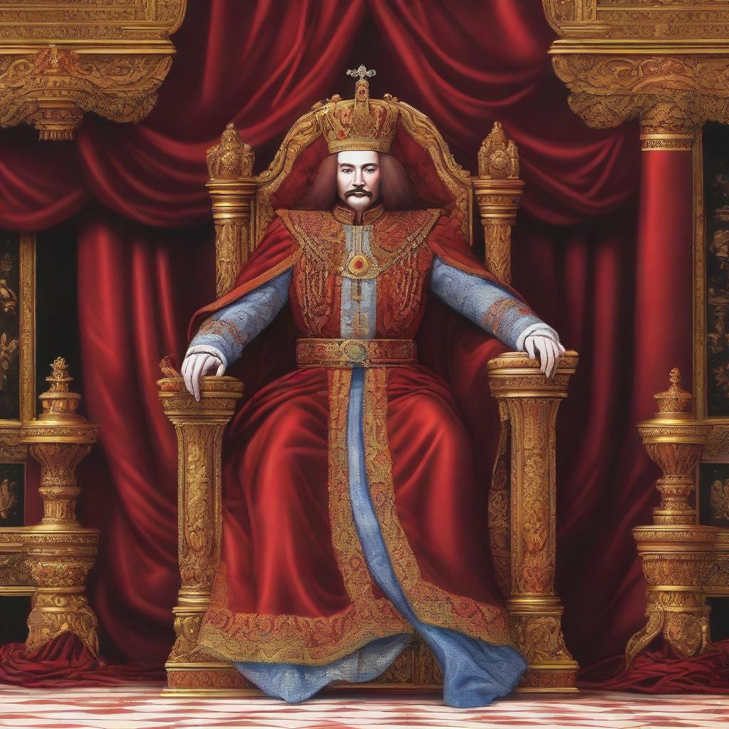 An illustration of a 40-year-old king with red shoulder-length hair, dressed in royal robes and a crown