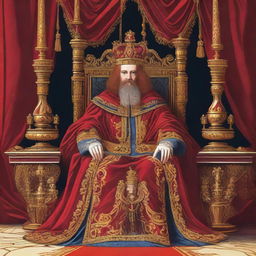 An illustration of a 40-year-old king with red shoulder-length hair, dressed in royal robes and a crown