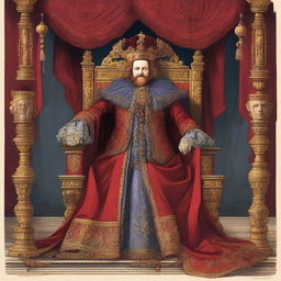 An illustration of a 40-year-old king with red shoulder-length hair, dressed in royal robes and a crown