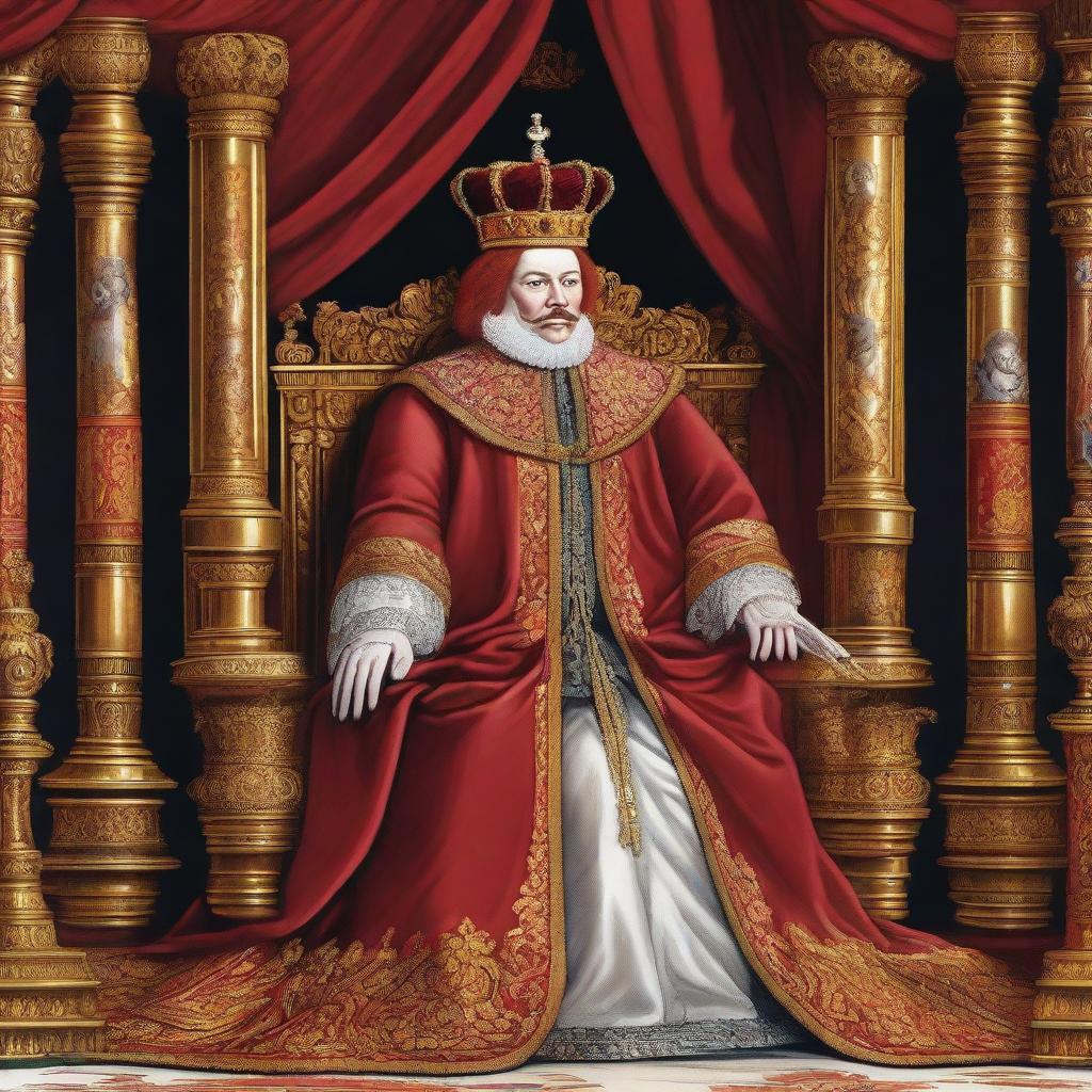 An illustration of a 40-year-old king with red shoulder-length hair, dressed in royal robes and a crown