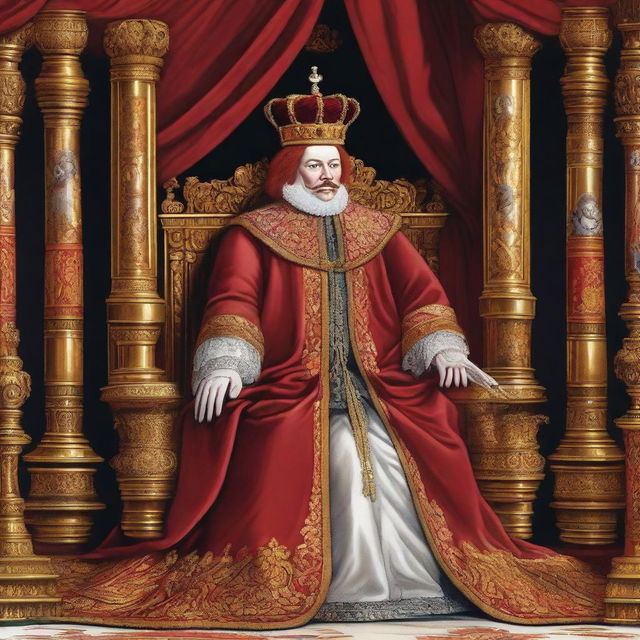 An illustration of a 40-year-old king with red shoulder-length hair, dressed in royal robes and a crown