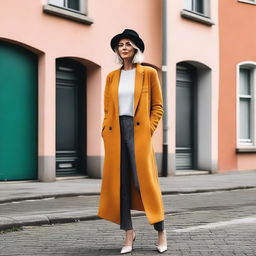 Eine Frau in einem modernen Outfit, die in einer urbanen Umgebung steht