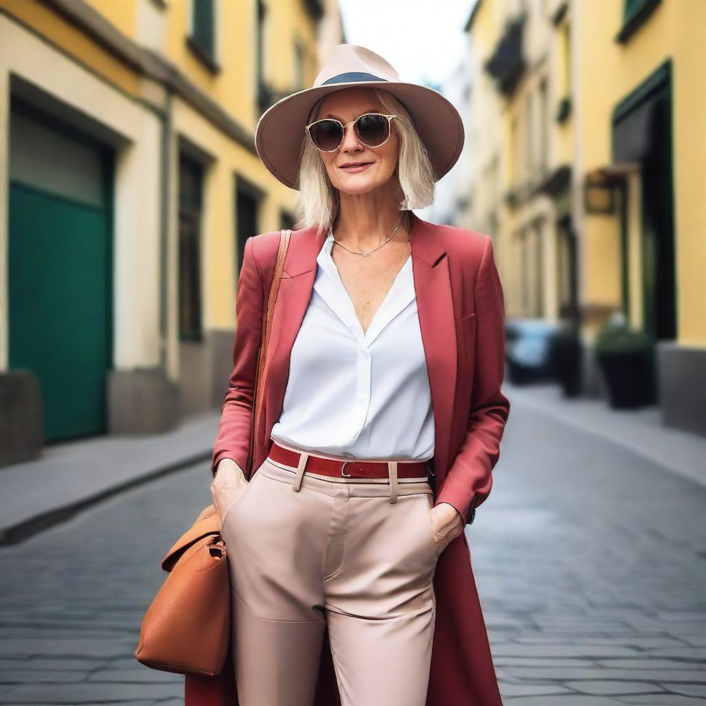 Eine Frau in einem modernen Outfit, die in einer urbanen Umgebung steht