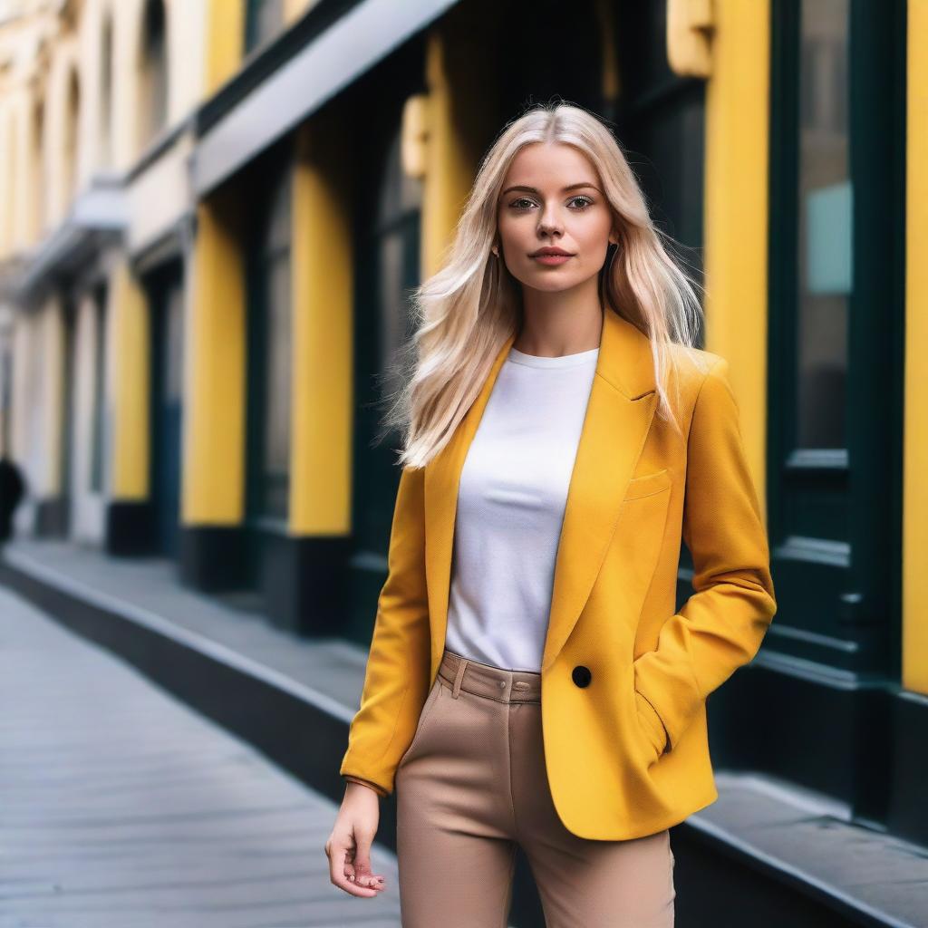 A blonde girl wearing stylish and fashionable clothing, posing confidently