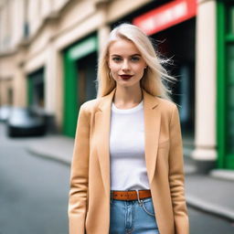 A blonde girl wearing stylish and fashionable clothing, posing confidently