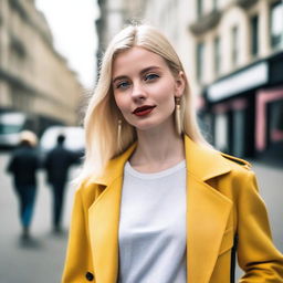 A blonde girl wearing stylish and fashionable clothing, posing confidently