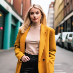 A blonde girl wearing stylish and fashionable clothing, posing confidently