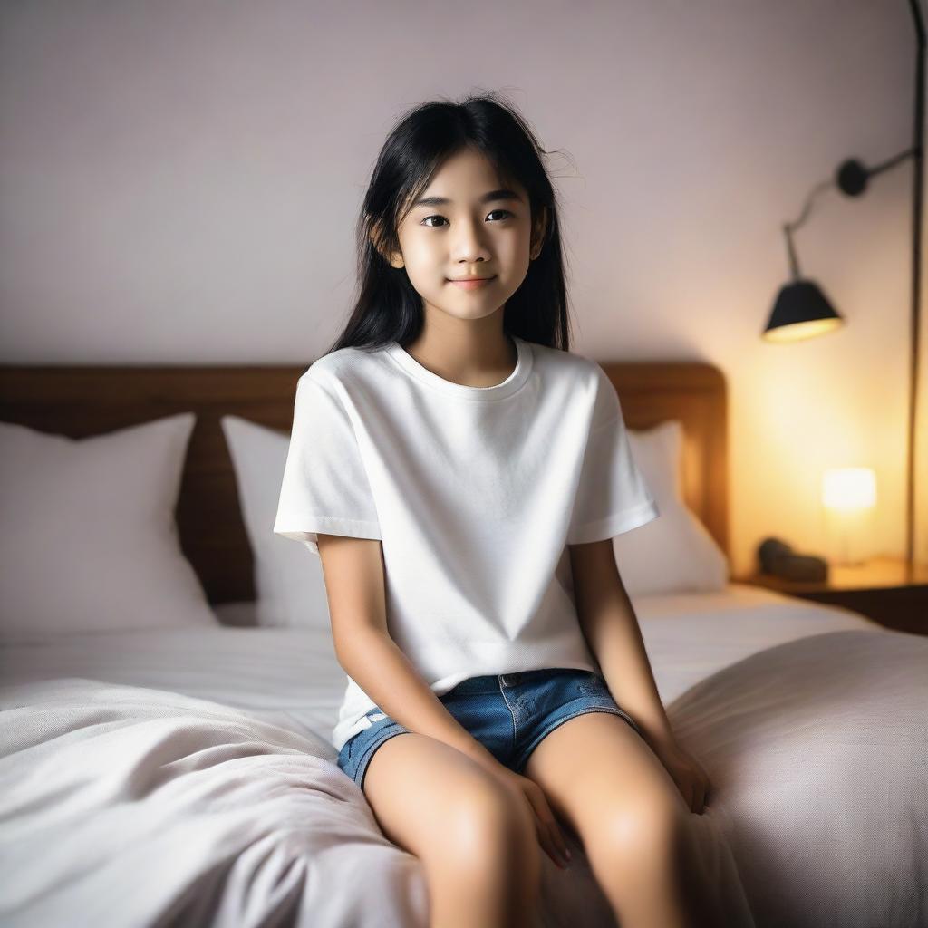 A young girl wearing a top and shorts is sitting comfortably on a bed at home