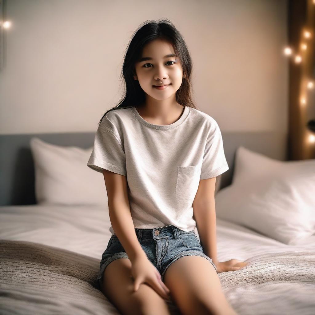 A young girl wearing a top and shorts is sitting comfortably on a bed at home