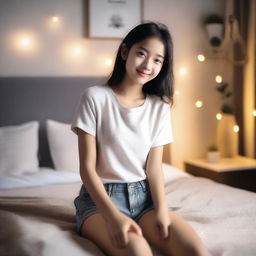 A young girl wearing a top and shorts is sitting comfortably on a bed at home