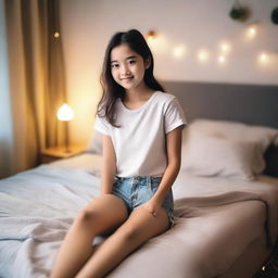 A young girl wearing a top and shorts is sitting comfortably on a bed at home