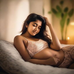 An Indian girl wearing a top and shorts is sleeping on a bed at home