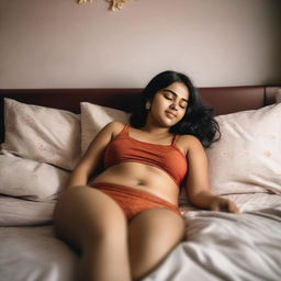 An Indian girl wearing a top and shorts is sleeping on a bed at home