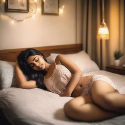 An Indian girl wearing a top and shorts is sleeping on a bed at home