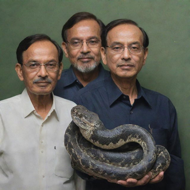 A detailed portrait featuring a snake, an Indian man, and Anwar Ibrahim standing side by side in a serene environment.