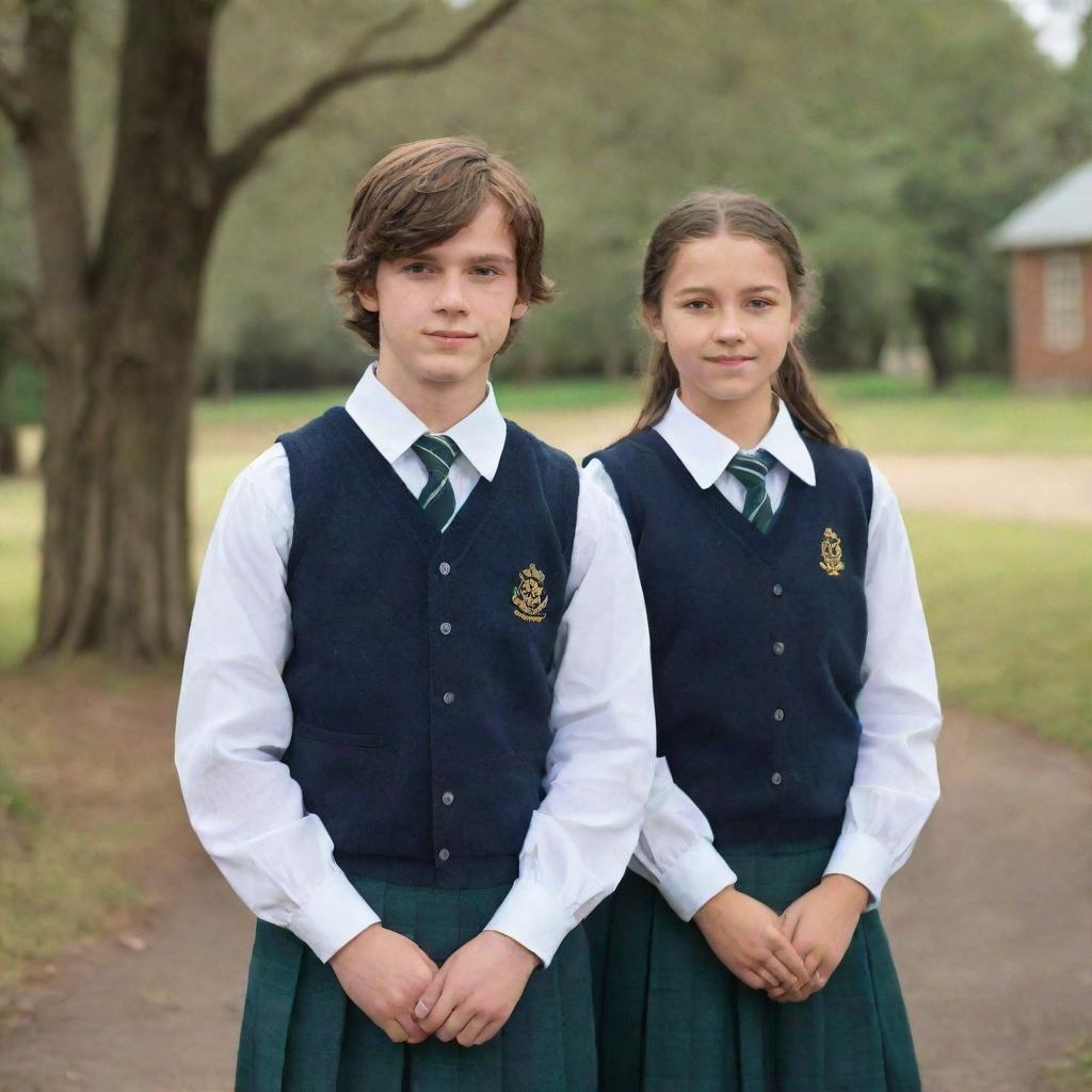 A young man and a girl dressed in traditional school uniforms, standing confidently