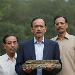 A detailed portrait featuring a snake, an Indian man, and Anwar Ibrahim standing side by side in a serene environment.