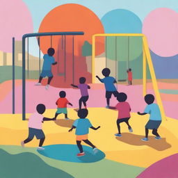 A surreal scene of diverse children playing together at a playground, but with no heads