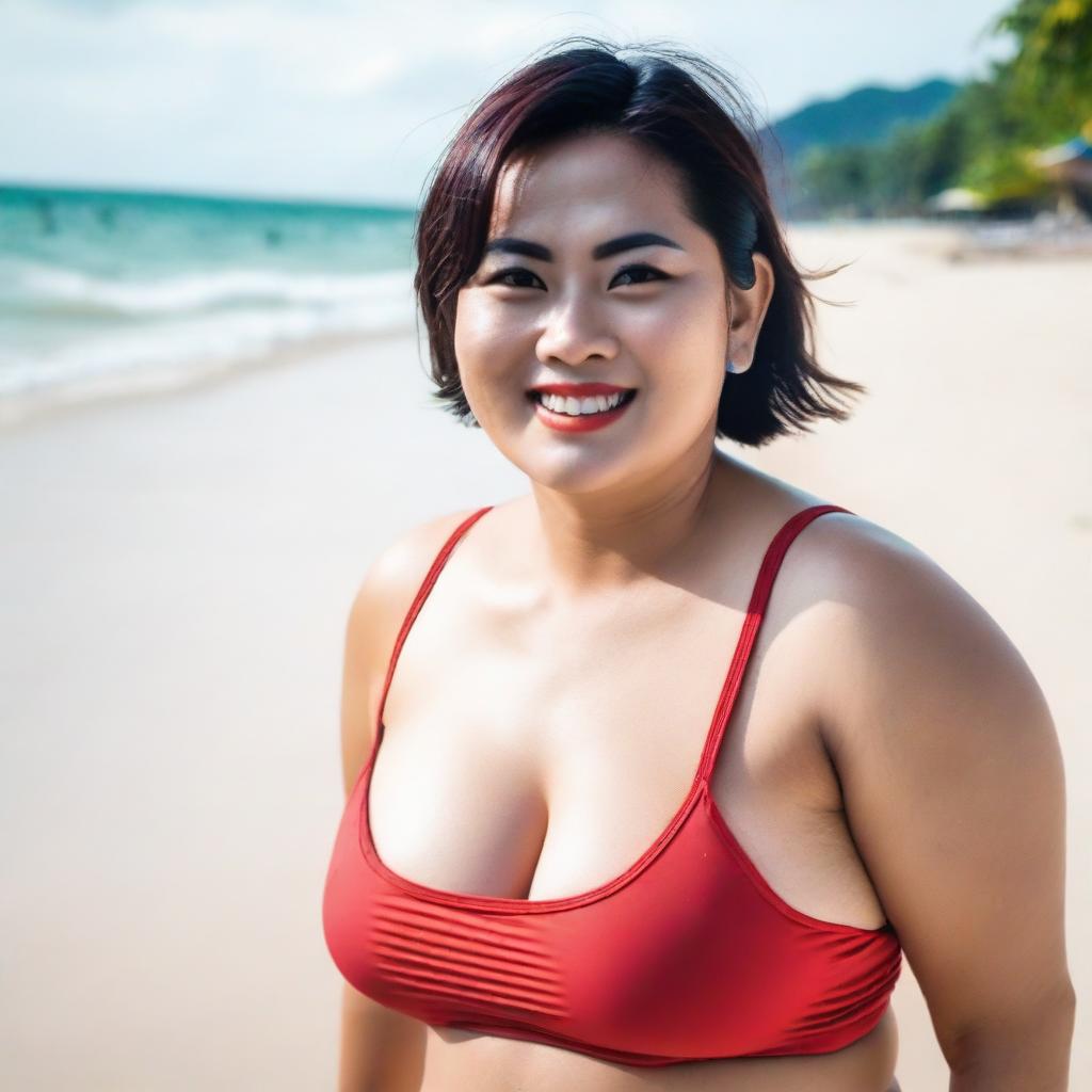 A beautiful Thai woman, chubby and curvy, aged 36, with wet short hair, detailed white skin, big eyes, and a beautiful smile