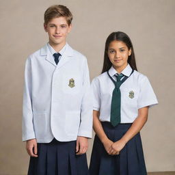 A young man and a girl dressed in traditional school uniforms, standing confidently