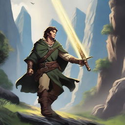 A heroic adventurer embarks on an epic quest for power, traversing through mystical lands filled with ancient ruins, enchanted forests, and towering mountains