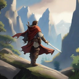 A heroic adventurer embarks on an epic quest for power, traversing through mystical lands filled with ancient ruins, enchanted forests, and towering mountains